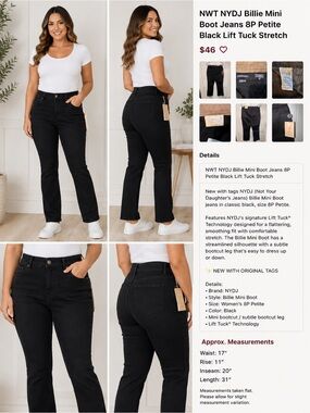 NWT NYDJ Billie Mini Boot Jeans 8P Petite Black Lift Tuck Stretch